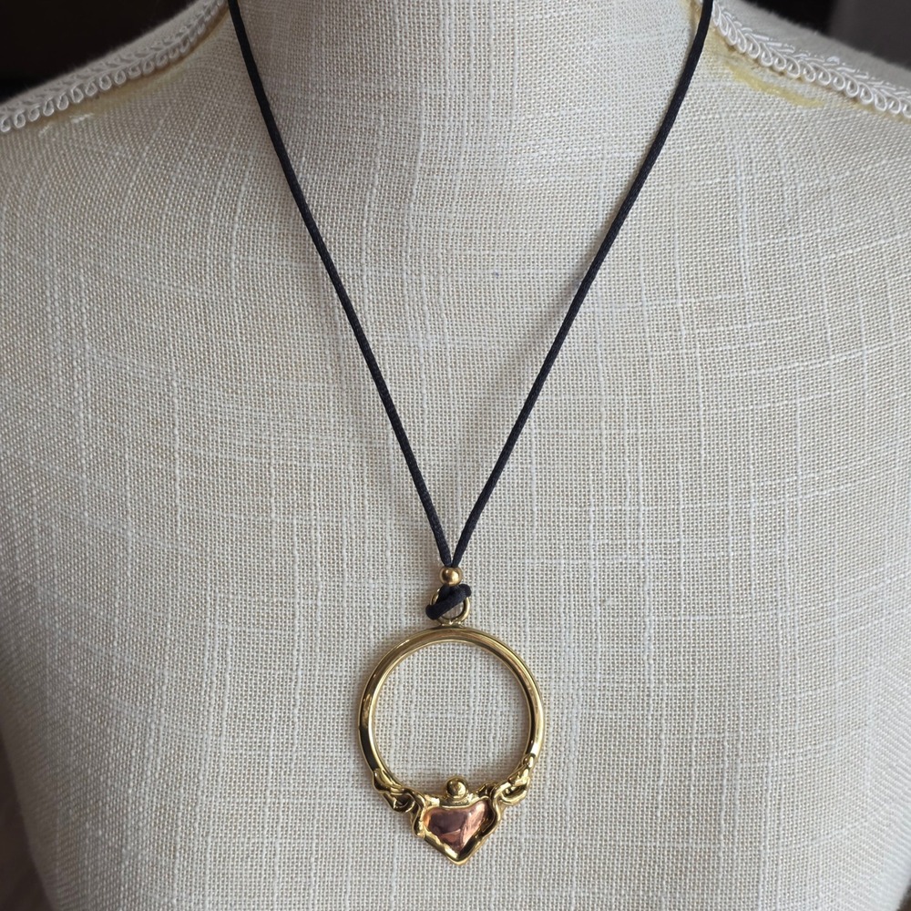 Round Pendant Necklace with Heart Charm Adjustable Cord